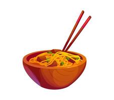 Wooden bowl filled with appetizing Chines noodles vector