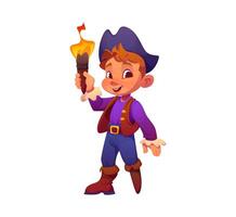 Cartoon kid corsair character holds a lit torch vector