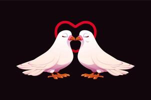 Cartoon two white doves with heart outline shape vector