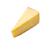 A triangular slice of hard yellow cheese with a rind, displayed on a transparent background, representing dairy food png