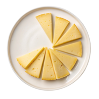 rebanadas de amarillo queso pulcramente arreglado en un circular modelo en un blanco lámina, aislado en un blanco fondo, concepto de comida png