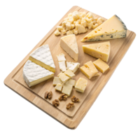 Assorted cheese varieties arranged on a wooden cutting board, featuring different textures and shapes, on transparent background png