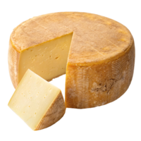A round cheese wheel with a wedge cut out. Isolated on a transparent background. Aged cheese concept png