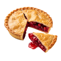 Freshly baked berry pie with golden crust, juicy red filling, and a slice cut out. Isolated on transparent background, food concept png