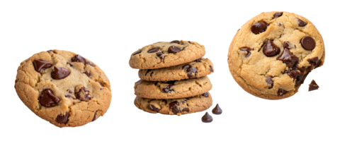 Chocolate chip cookies with stack and bite on transparent background. png