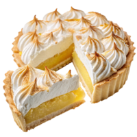 Lemon meringue pie with fluffy topping and smooth lemon filling, showcased on a transparent background, concept of dessert png