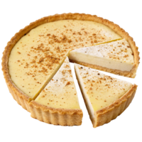 Creamy tart with a golden crust, dusted with spices, presented with slices removed, isolated on a transparent background, concept of dessert png