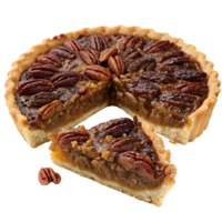 Whole pecan pie with a slice removed, showcasing its rich filling and pecan topping, isolated on a transparent background, concept of desserts png