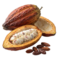 Cocoa pod with seeds and beans on transparent background. png