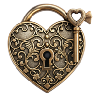 Ornate heart-shaped bronze lock with matching key on transparent background. png