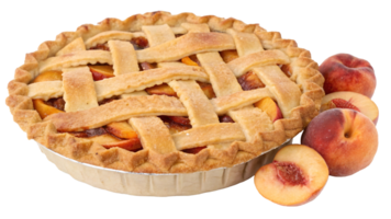 Freshly baked peach pie with a golden lattice crust, surrounded by ripe peaches, on a transparent background, concept of homemade dessert png