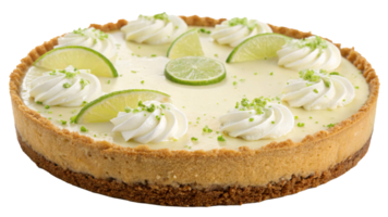 Delicious key lime pie topped with whipped cream, lime slices, and zest, on transparent background. Concept of dessert and baking png