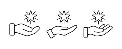 Excellent result outline icon set. Hand holding shining star symbol represent of grade quality, get reward. Editable stroke vector