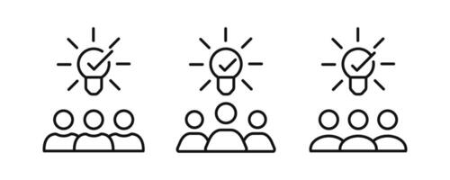 Creative community icon set. Three people with light bulb outline sign represent of creativity, collective insight, group knowledge. editable stroke vector