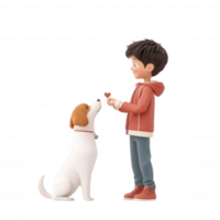A boy interacts lovingly with his dog, sharing a joyful moment with a treat. png