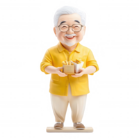 Cheerful elderly man holding a box of crispy fries, conveying happiness and enjoyment. png