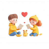 Two children reading together with a cat, sharing a warm moment of joy and connection. png
