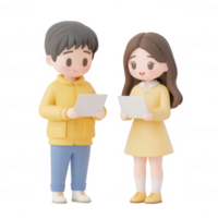 Two cheerful characters holding papers and smiling, representing collaboration and learning. png