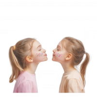 Two girls with playful expressions kissing each other on the cheeks, emphasizing joy. png