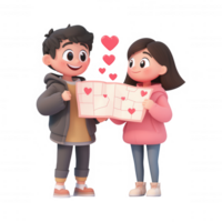 A cheerful couple holding a map filled with hearts, symbolizing love and adventure. png