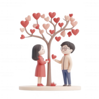 A couple exchanging hearts under a tree adorned with love, symbolizing affection. png