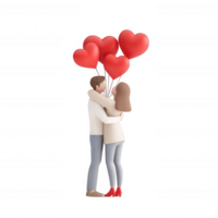 A couple embracing joyfully while holding heart-shaped balloons. png