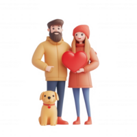 A couple smiling and holding a heart, accompanied by a playful dog. png