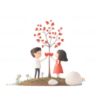 A couple nurturing a heart-shaped tree, symbolizing love and connection in nature. png