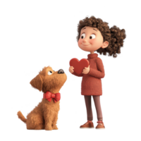 A girl holds a heart while her adorable dog looks up, showcasing love and friendship. png