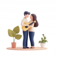 A joyful couple embraces each other while playing guitar in a cozy environment. png