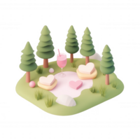 A serene landscape featuring trees, hearts, and a refreshing drink for relaxation. png