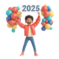 A joyful child celebrating the New Year with balloons and a sign showing 2025. png