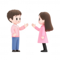 Two animated characters engaging in a friendly conversation, expressing connection. png