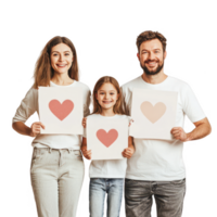 A happy family holds heart signs, expressing love and joy together. png