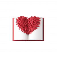 An open book with a heart shape created from red paper hearts symbolizes love. png