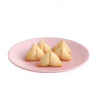 Freshly baked fortune cookies on a pink plate, perfect for celebrations and gatherings. png