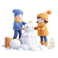 Two children happily building a snowman in a winter wonderland scene. png