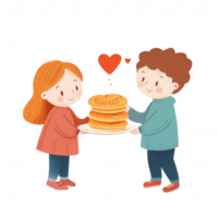 Two children sharing a plate of delicious pancakes with love and joy. png