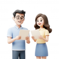 Two cheerful individuals discussing documents in a friendly setting. png