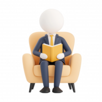 A 3D character in a suit reading a book in a cozy armchair. png