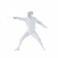 A fencer in a white uniform poised in an action stance with a sword. png