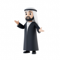 A cheerful man in traditional attire, smiling and welcoming with open arms. png