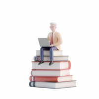 A colorful illustration of a man working on a laptop sitting atop a stack of books. png