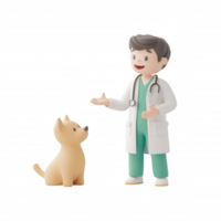 A veterinarian smiling and talking with a cute dog in a friendly setting. png