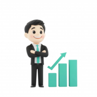 A cheerful businessman stands confidently beside a growing bar chart. png