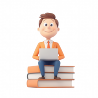 A cheerful character working on a laptop while seated on a stack of books. png