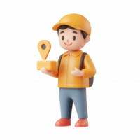 A cheerful boy holding a location marker, symbolizing navigation and exploration. png