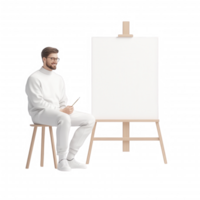 Artist preparing to create a painting on a blank canvas at a serene workspace. png