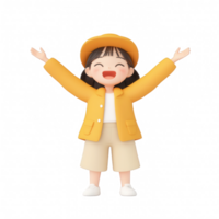 Cheerful girl in yellow jacket expressing joy and excitement with open arms. png