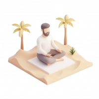 A serene scene of a man meditating in a tranquil beach environment. png